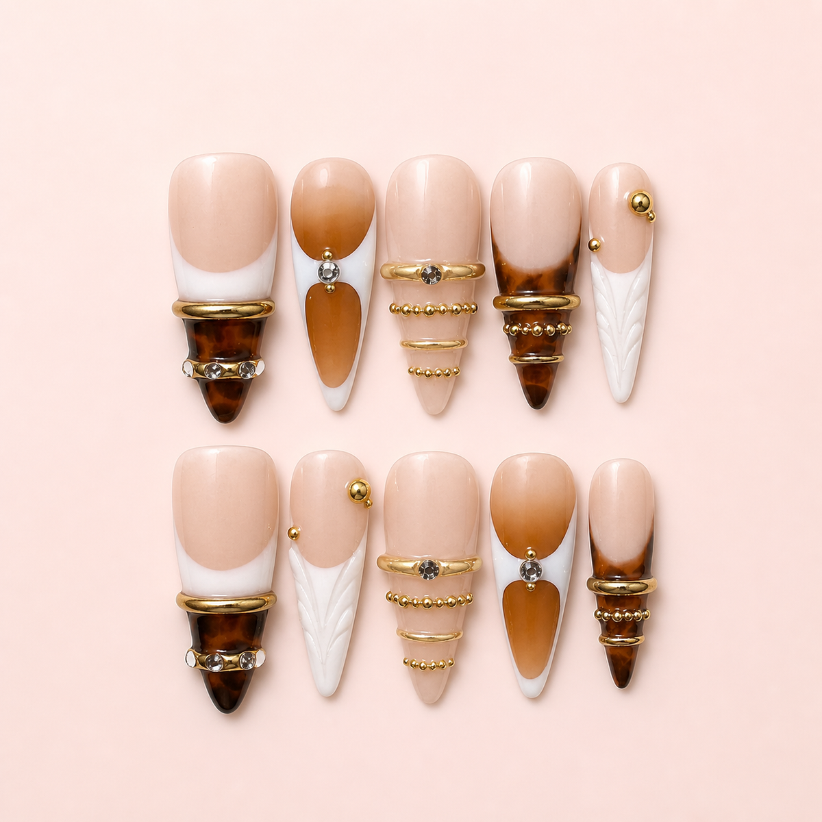 MIYA Mocha Sculpture Press-On Nails – nude, mocha and dimensional gold design