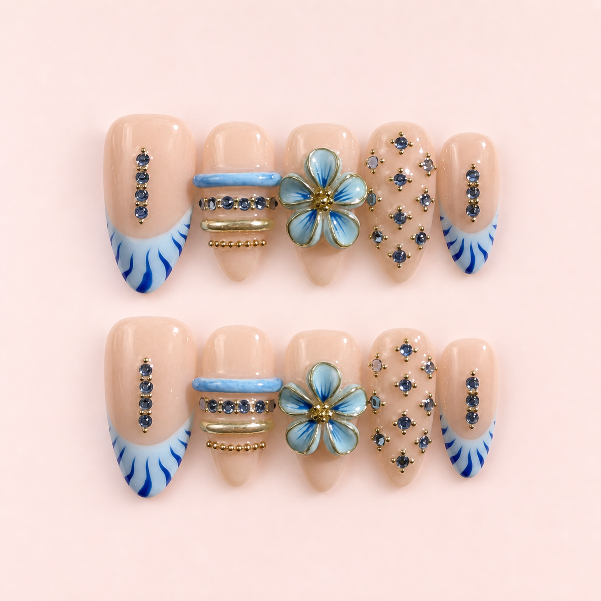 MIYA Blue Garden Charm Press-On Nails – blue floral and charm-accent design