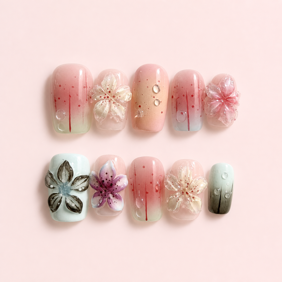 MIYA Mixed Garden Romance Press-On Nails – mixed floral and romantic accents design