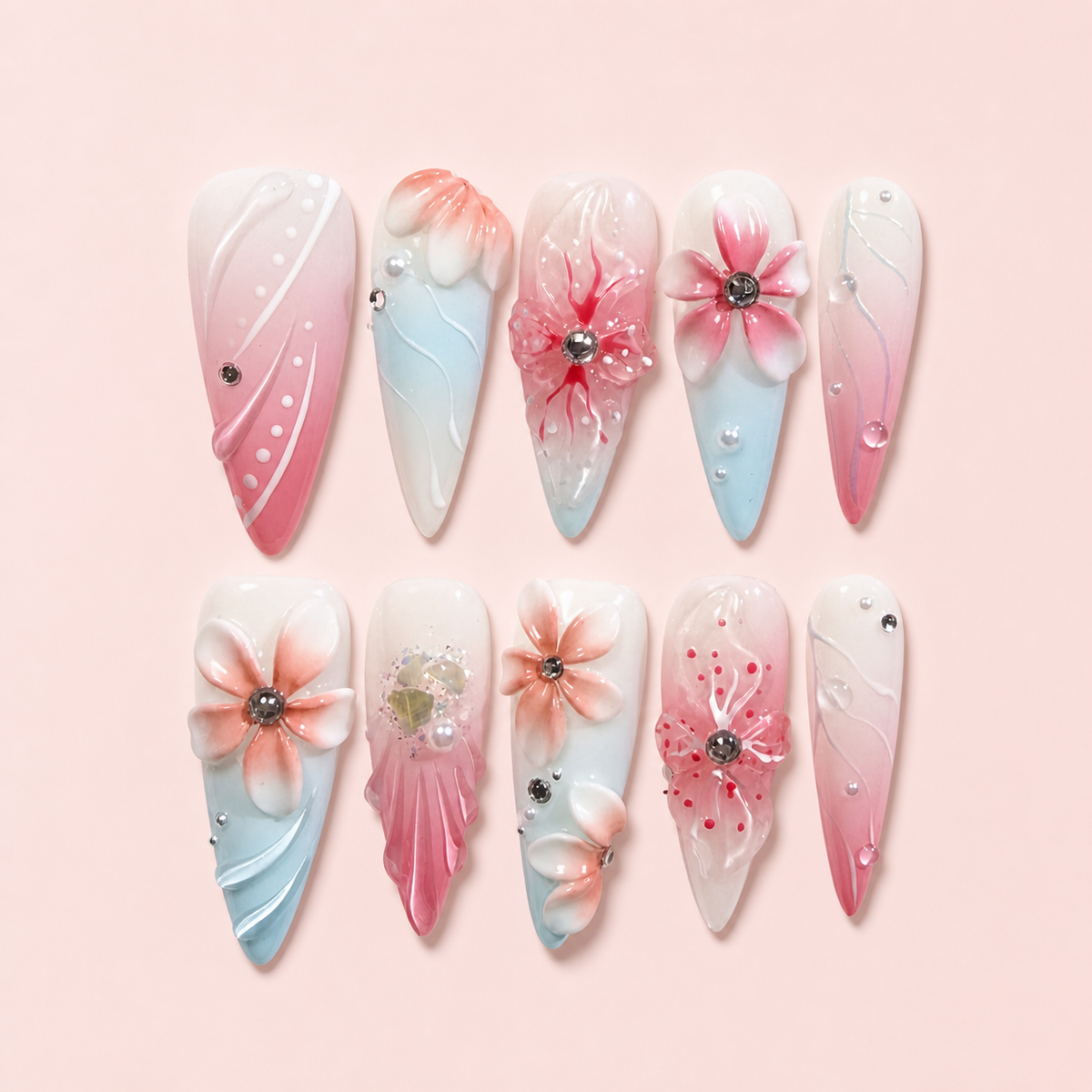 MIYA Ocean Petal Dream Press-On Nails – pastel ocean and floral design